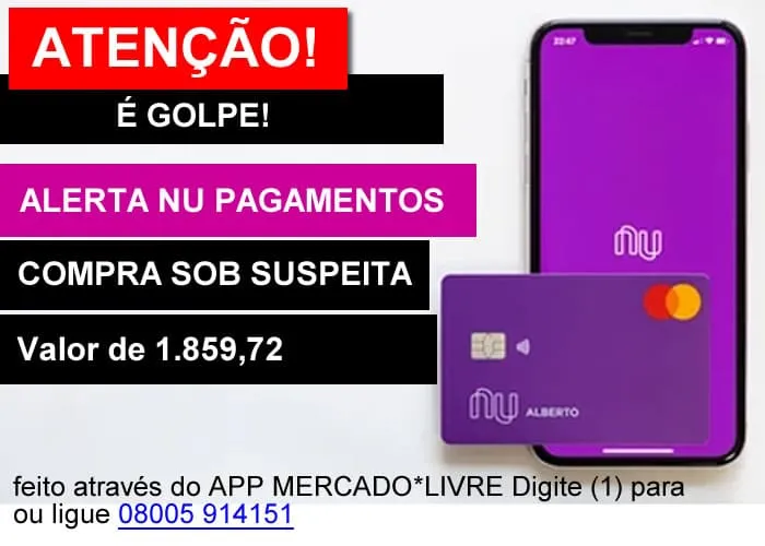 Golpes de compra via SMS ou outras mídias são esquemas fraudulentos nos quais os criminosos tentam enganar as vítimas para que comprem produtos ou serviços que, na realidade, não existem ou não são legítimos. Esses golpes podem ser realizados por meio de mensagens de texto, mensagens de e-mail, anúncios falsos em sites e redes sociais, entre outros meios de comunicação. 


1º) Este número 08005 914151 não é do nubank;
2º) O Nubank não envia notificações via SMS ou outras redes sociais, fique atento;
3º Não clique no link do SMSe não responda a mensagem; 


Você pode entrar em contato pelo chat do App, por e-mail (meajuda@nubank.com.br) e por telefone nos números 4020 0185 (capitais e regiões metropolitanas) e 0800 591 2117 (para demais localidades). 


Aqui estão algumas características e dicas para evitar cair em golpes desse tipo: 


Ofertas muito boas para serem verdadeiras

Golpistas frequentemente prometem produtos ou serviços a preços extremamente baixos ou com benefícios excepcionais para atrair as vítimas.

Pressão para ação imediata

Os golpistas costumam criar um senso de urgência, insistindo que você deve agir rapidamente para aproveitar a oferta. Isso é projetado para impedir que você pense cuidadosamente sobre a situação.

Verifique a fonte

Sempre verifique a origem da mensagem ou do anúncio. Desconfie de mensagens não solicitadas de remetentes desconhecidos.

Pesquise a empresa ou vendedor

Antes de fazer uma compra, pesquise a empresa ou vendedor online. Verifique se eles têm um histórico sólido e se há reclamações de clientes anteriores.

Use métodos de pagamento seguros

Evite usar métodos de pagamento que não ofereçam proteção ao consumidor, como transferências bancárias diretas ou pagamento adiantado por meio de serviços não confiáveis.

, Pedir cartão NuBanck, Empréstimo Nubanck e Cartão Nubanck, em, Brasil